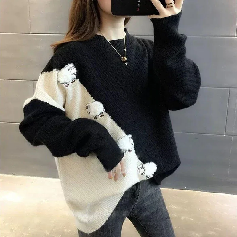 

TPJB New Cute Sheep Pattern Loose Pullover Sweater Women Fall Winter Korean School Contrast Color Knit Jumpers Female Knitwear