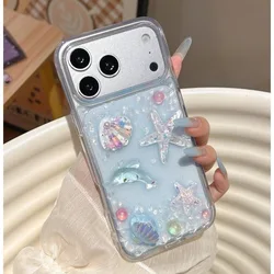 Glitter 3D Cute Phone Case with Bling Starfish Shockproof Protector Cover - iPhone 15 Plus (Blue)