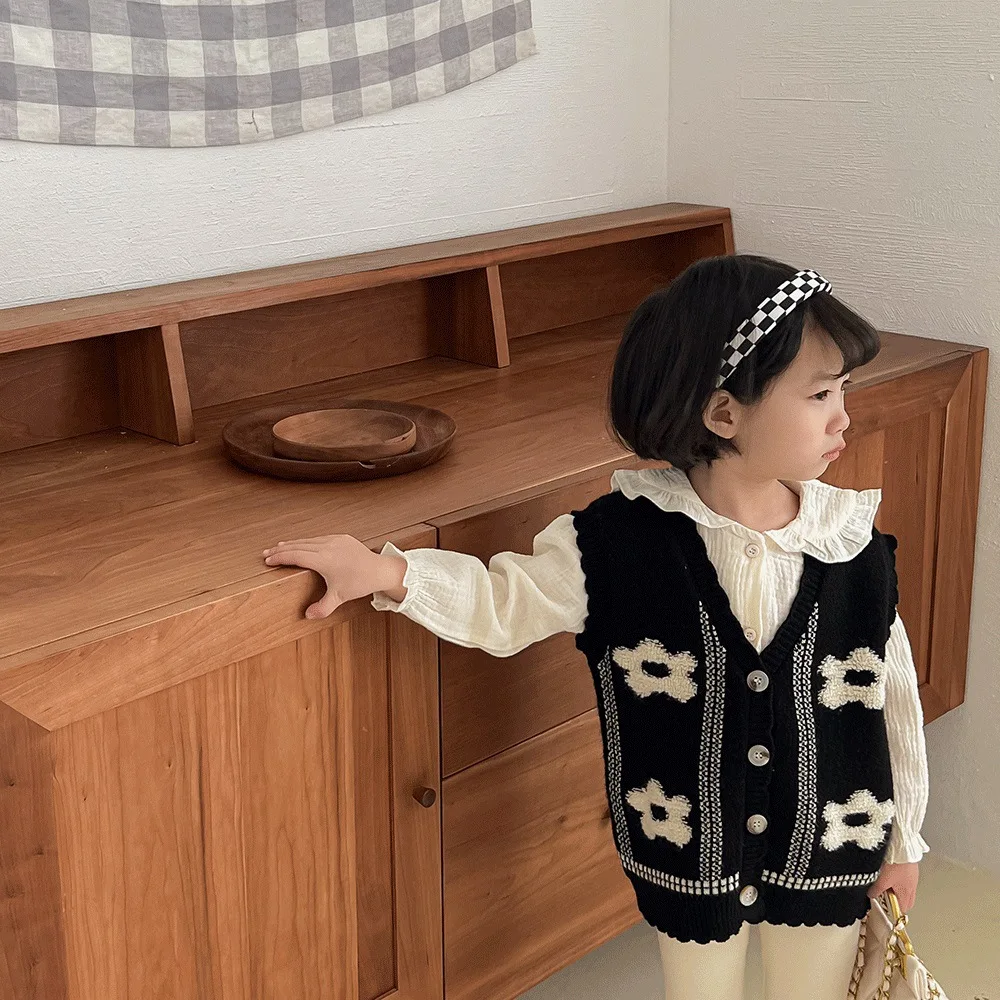 2022 Spring New Girls Knit Cardigan Vest Fashion Children Girls Flower Knitted Vest Jacket Kids Baby V-neck Sweater