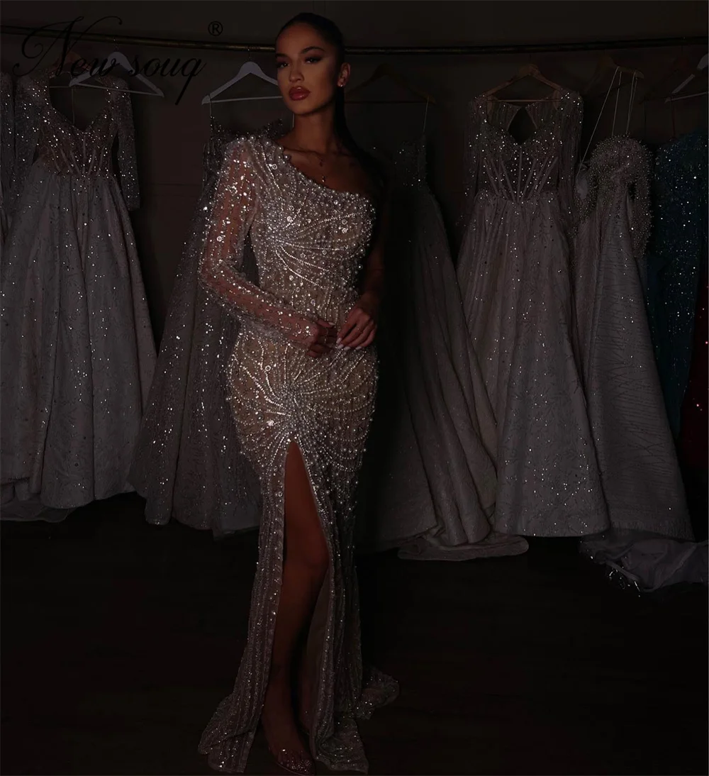 

Haute Coutures Вечерние платья на одно плечо, полностью расшитые бисером, коктейльное платье с жемчугом, халаты, вечерние платья на Средний Восток, свадебные платья