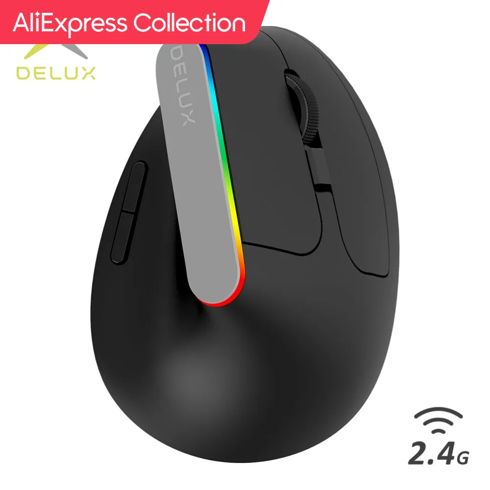 AliExpress 컬렉션 Delux M618C 무선 무소음 인체 공학적 수직 게이밍 마우스, USB 리시버 RGB 1600 DPI 광학, 6 버튼