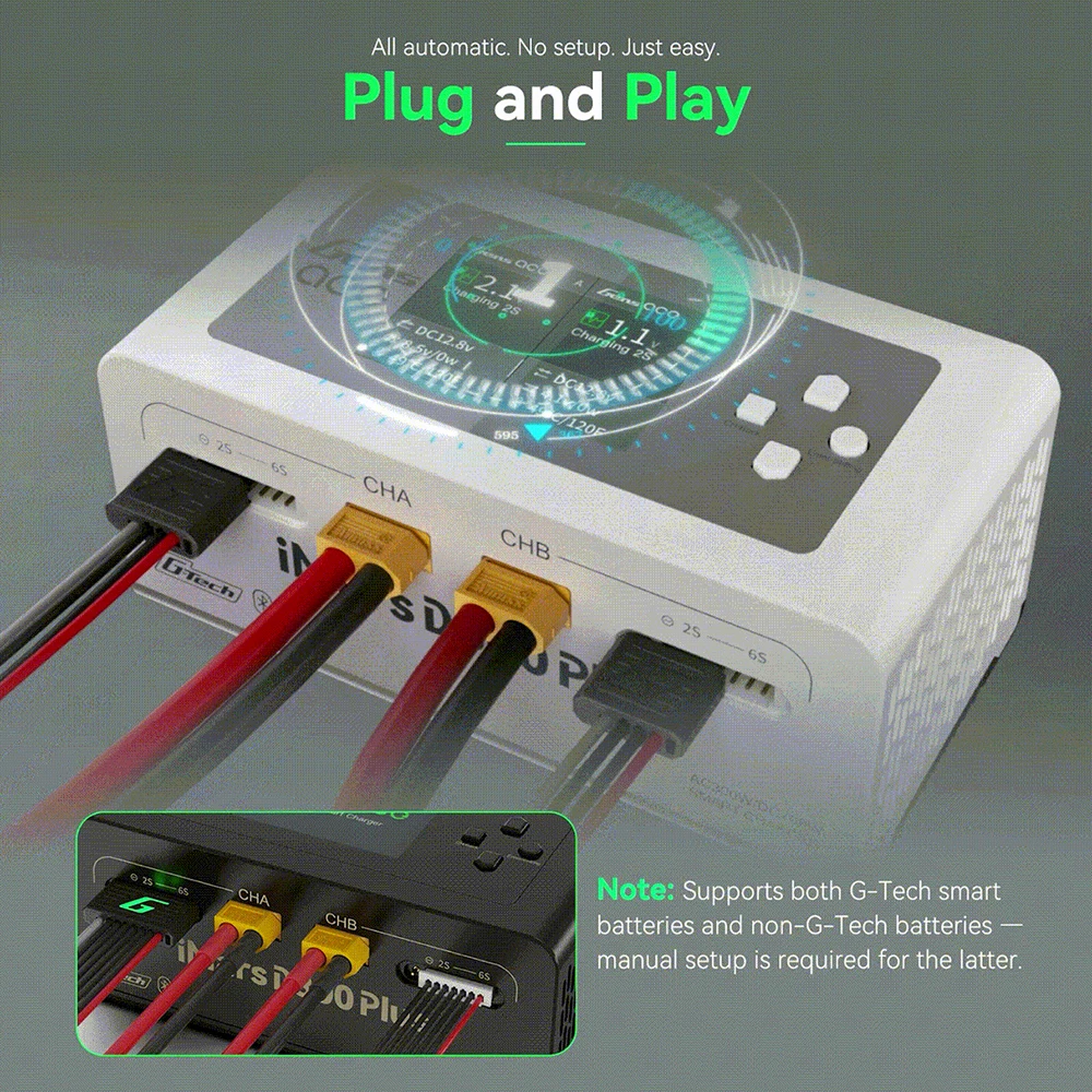 Chargeur GENS ACE D300 PLUS 300W AC / 700W DC pour batteries LiPo 1-6S - Modélisme RC, posé sur une table avec câbles d'alimentation