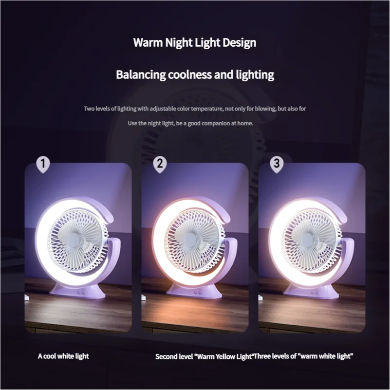 New Design Hot Selling 2 in 1 Multifunctional Moon Shape Portable Adjustable Rechargeable 3 Speed Table Fan with LED Light