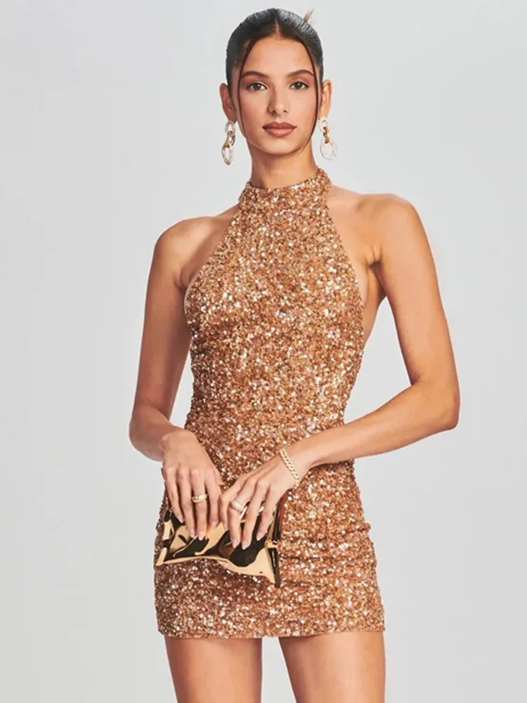 

Hotwife Summer Evening Party Dress Women Sexy Hot Halter Backless Sequins Glitter Sparky Bodycon Mini Dresses Celebrity Birthday