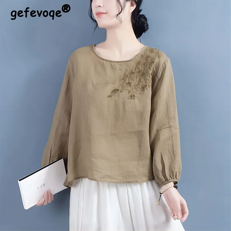 

2023 Summer Round Neck Embroidery Literary Vintage Blouse Ladies Long Sleeve Cotton Linen Pullover Shirt Women's Solid Color Top