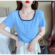 

Summer New Fashion T Shirts Women U Neck Short Sleeve Slim Thin Tees Femme Solid Basic Button Casual T-Shirt Tshirt Tops Female