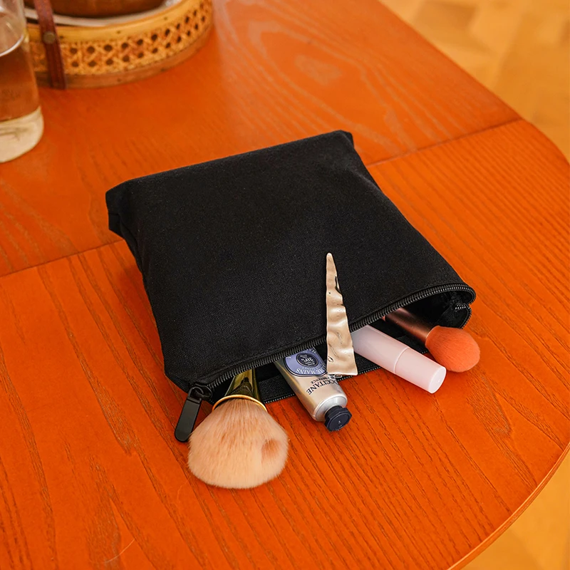 Pure Black Makeup Bag Women's Portable Cosmetic Lipstick Storage Bag Zipper Single Layer Canvas Bag Commuter Toiletry Bag Ins 6