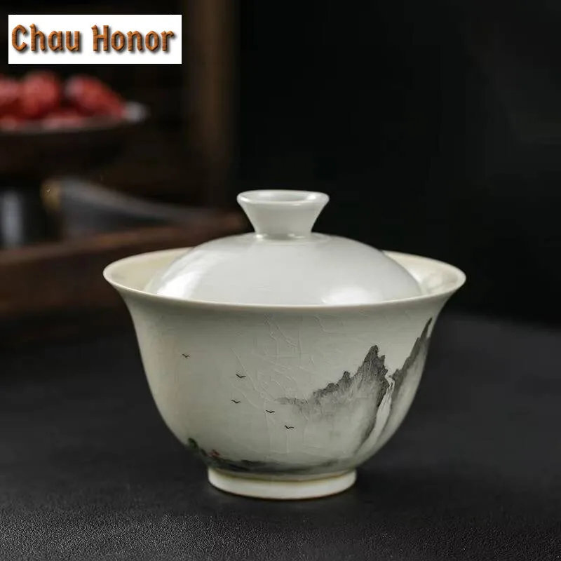 170ml Retro Grass Wood Gray Glaze Gaiwan Antique Landscape Anti Scalding Tea Tureen Tea Making Cover Bowl Teaset Ornaments Gift