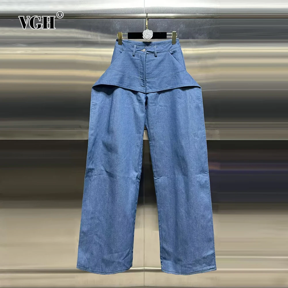 

VGH Casual Patchwork Pockets Solid Denim Pant For Women High Waist Spliced Zipper Minimalist Wide Leg Pants Female Fashion Style