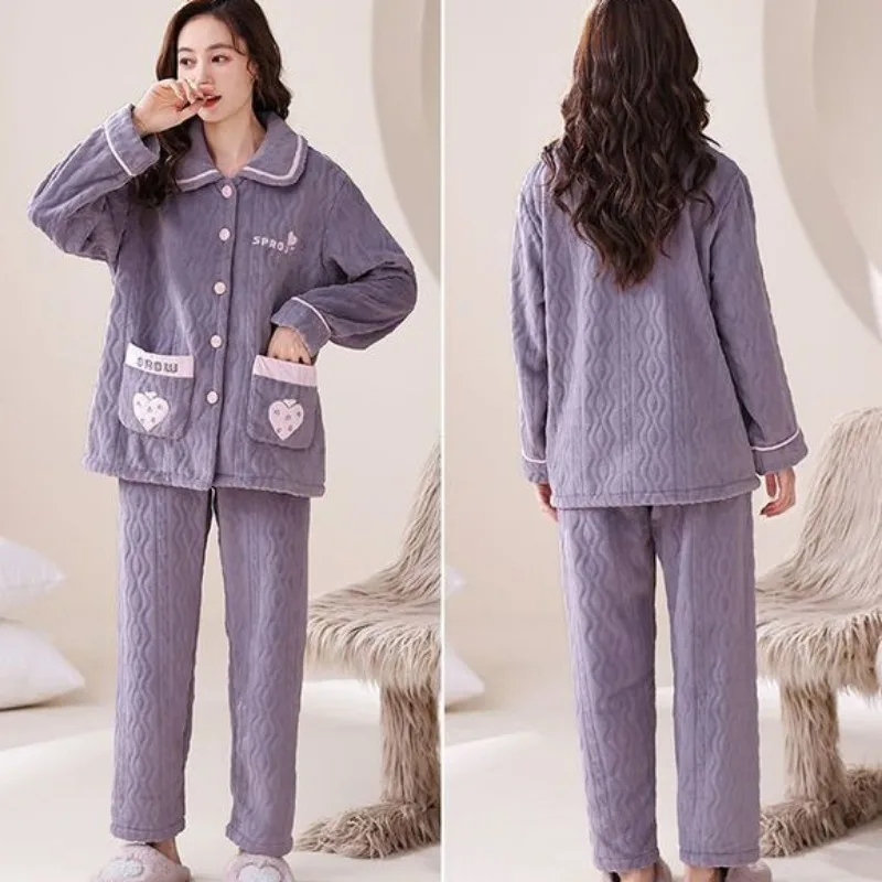 2024 New Autumn Winter Flannel Thickened Pajamas Coral Velvet Fleece Warm Sleepwear Middle-Aged Mom Ladies Plus Size Loungewear