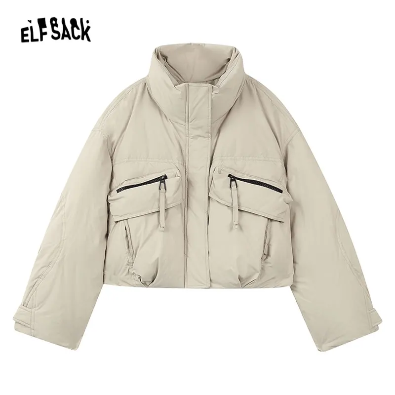 ELFSACK Korean Fashion White Down Coats Women 2023 Winter New Short Designed Jackets