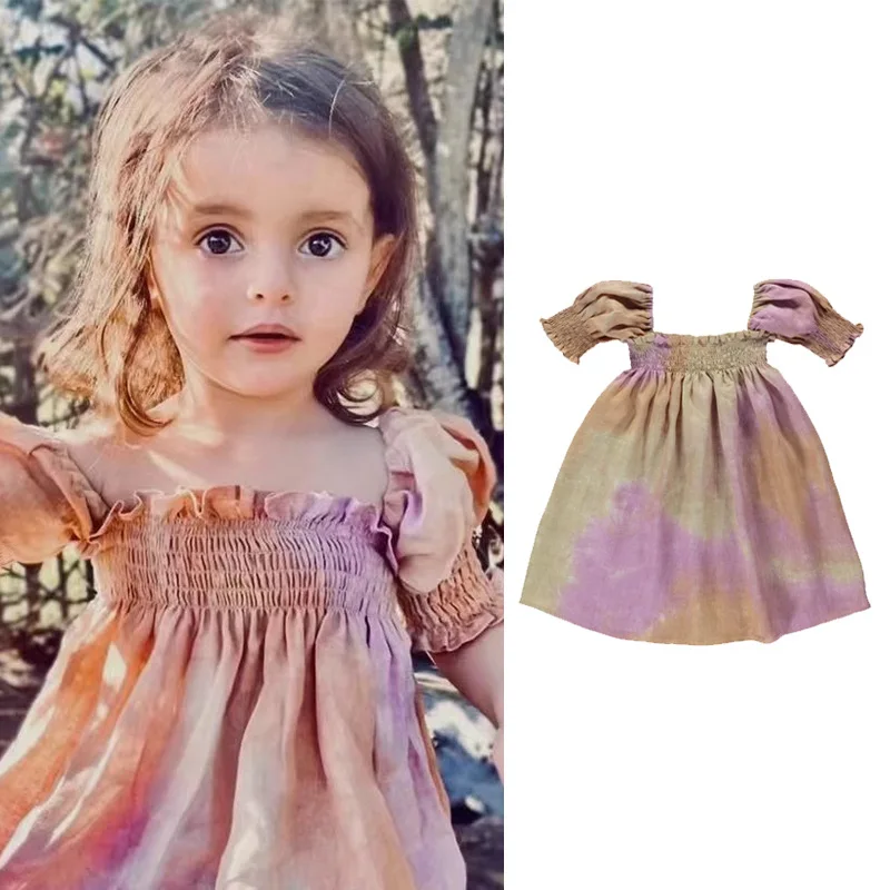 

Jenny&Dave 2024 Summer New Girl's Bubble Sleeves One line Neck Dress Pure Linen Handmade Tie Dyed Girl Baby Princess Dress for C