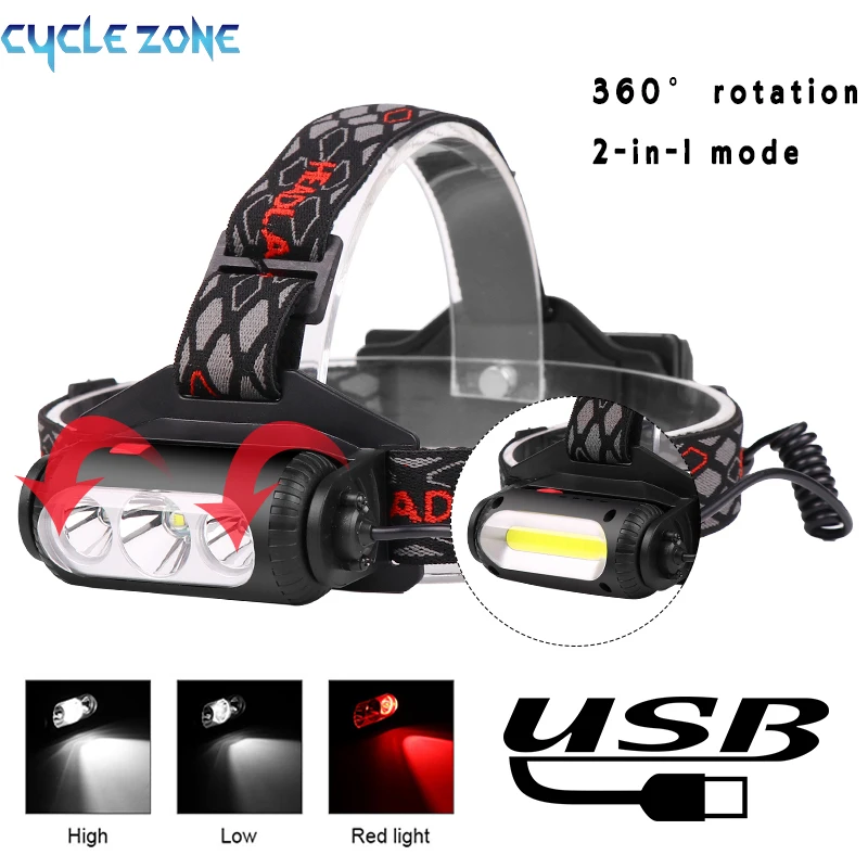 

COB Headlamp USB Rechargeable Head Flashlight Waterproof Camping Lantern Red & Green 2-in-1 Strong Light Head Lamp 18650 Battery