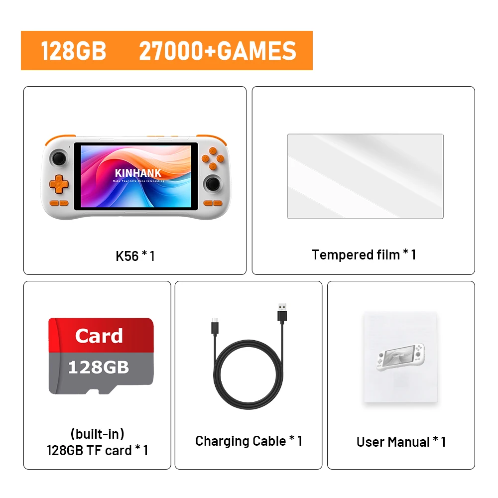 KINHANK K56 Console de jogos portátil com tela sensível ao toque de 5,5 polegadas 50 emuladores para PS1/PSP/DC/SS Android 14 5000mAh WIFI5 Retro Game Player 12