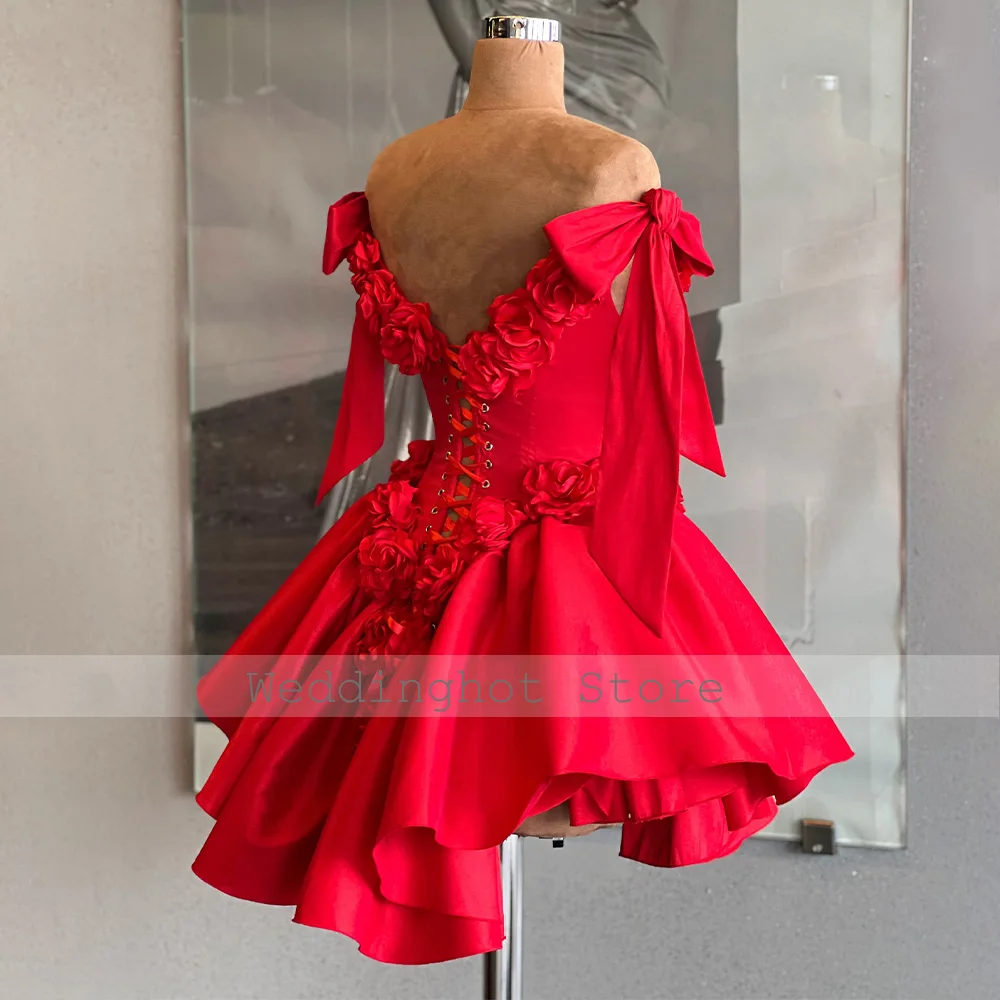 Cocktail Dress Mini 3D Flowers Off the Shoulder Short Evening Party Gown Woman Ruched Backless Lace Up
