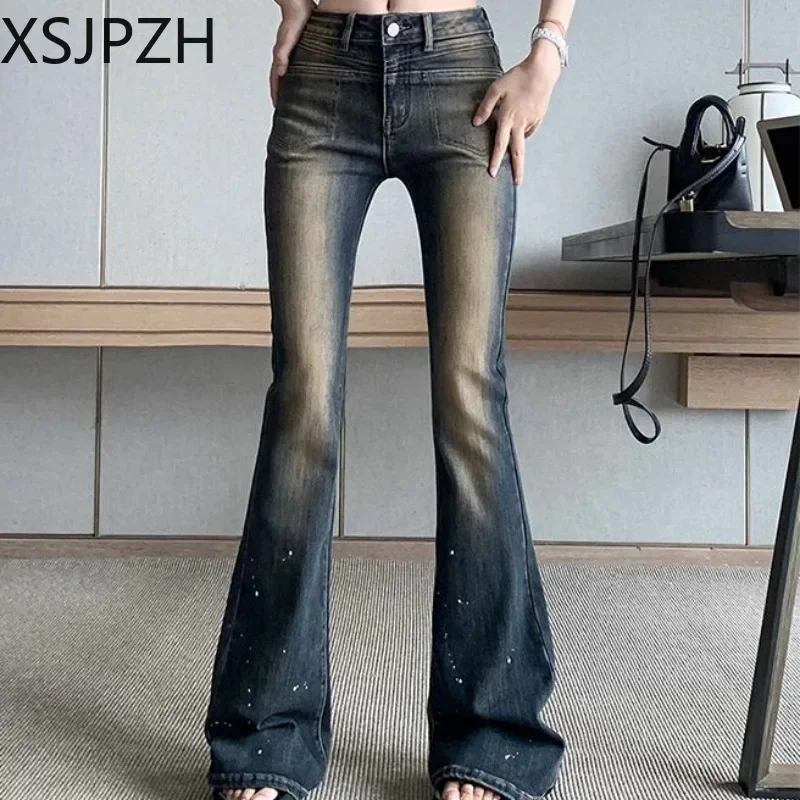 

Vintage 90S Baggy Denim Trousers Female Y2K High Waisted Women's Pants Splash Ink Design Slimming Fashion Flared Trouser Tide