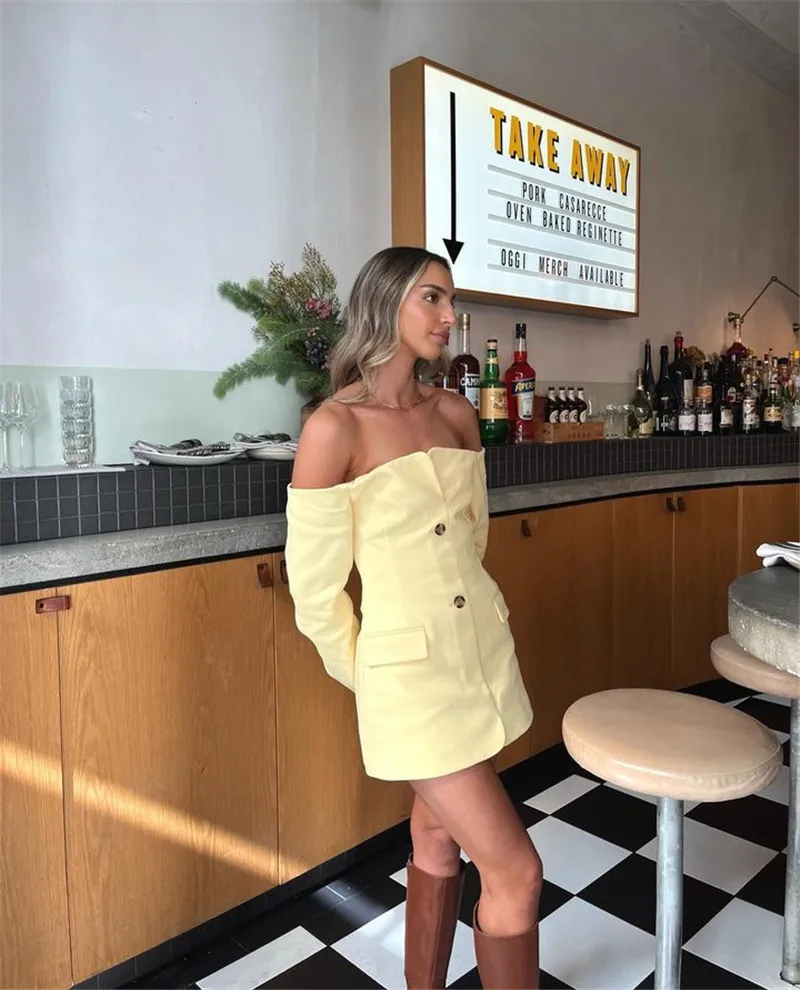 Off-shoulder Strapless Sexy Blazer Dress For Women Fashion Solid Zipper Two Pocket Long Sleeve Backless Mini Dress