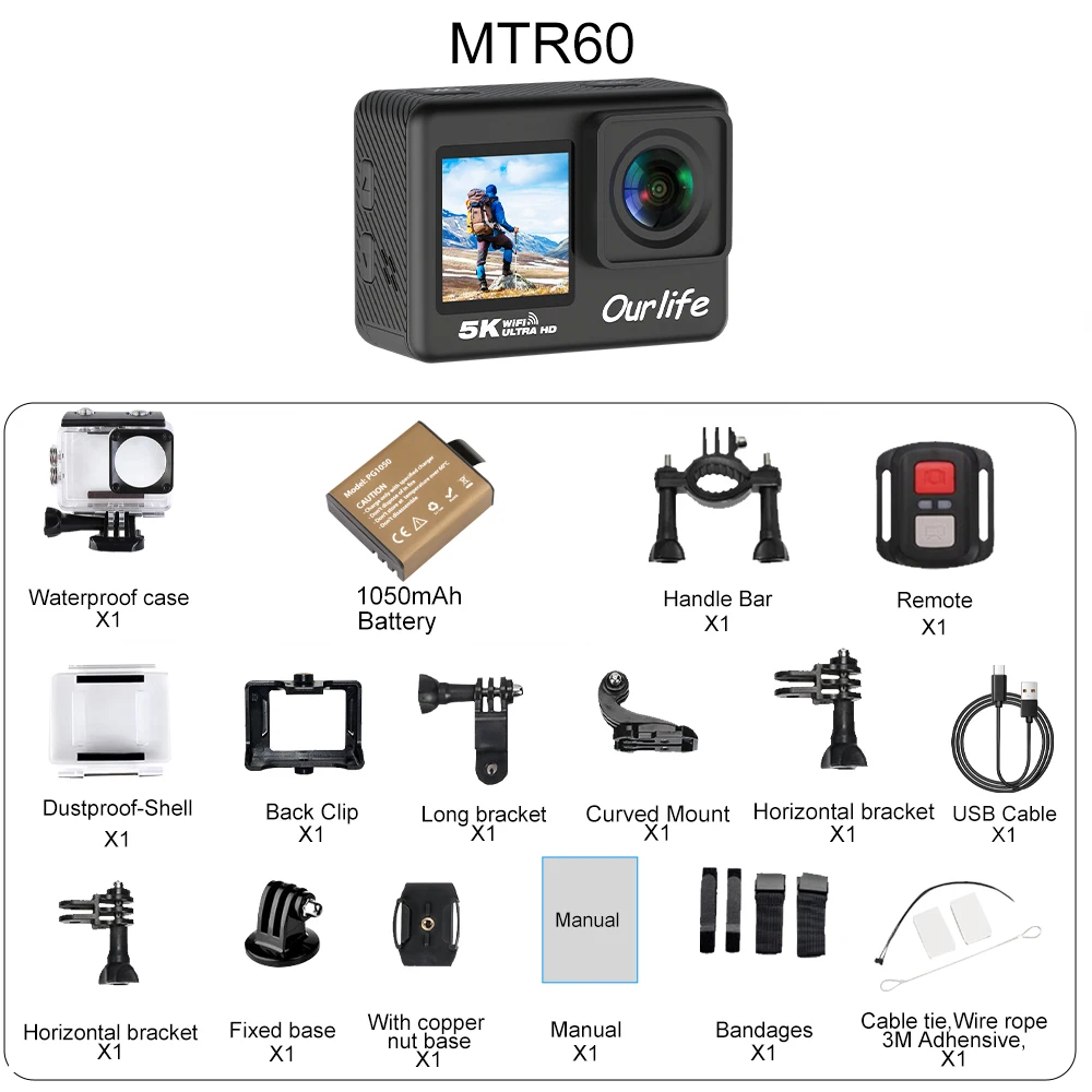 מצלמת פעולה Ourlife 5K30FPS 2.0'' מסך מגע LCD 170 ° מצלמת ספורט DVR 30M עמידה במים עם שלט רחוק, זום 5X, WiFi, 4K60FPS