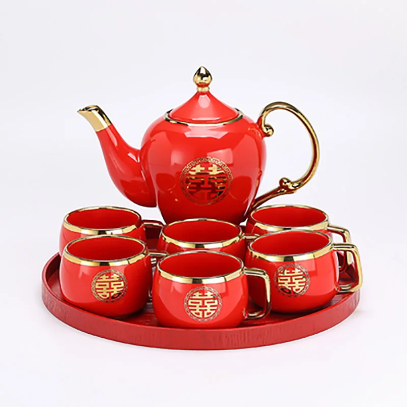 Chinese Red Ceramic Tea Set, Teapot, Porcelain Kettle, Teaware with Handle, Newlywed Banquet Party Supplies