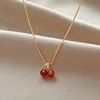 Wine Red Cherry Pendant Necklace – Gold Stainless Steel, Women’s Jewelry