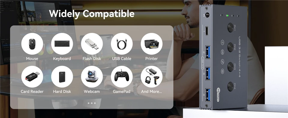 Navceker 10Gbps USB 3.2 Switch 4 Computers Share 4 Peripherals 4 Port USB 3.2 Sw
