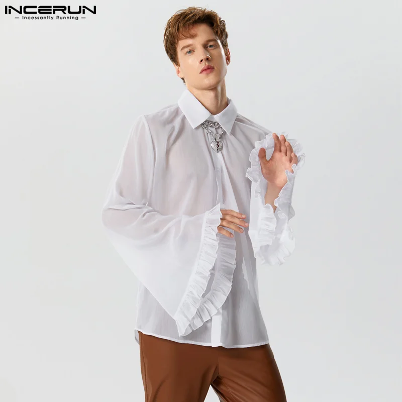 

American Style Men's Lotus Leaf Sleeved Texture Chiffon Perspective Shirts Sexy Thin Long Sleeved Blouse S-5XL INCERUN Tops 2023