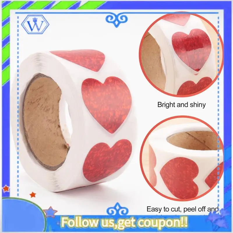 Easy To Use Valentine's Day Glitter Heart Stickers,Red Heart Stickers Roll,Heart Labels For Anniversaries Wedding(500Pcs/Roll)