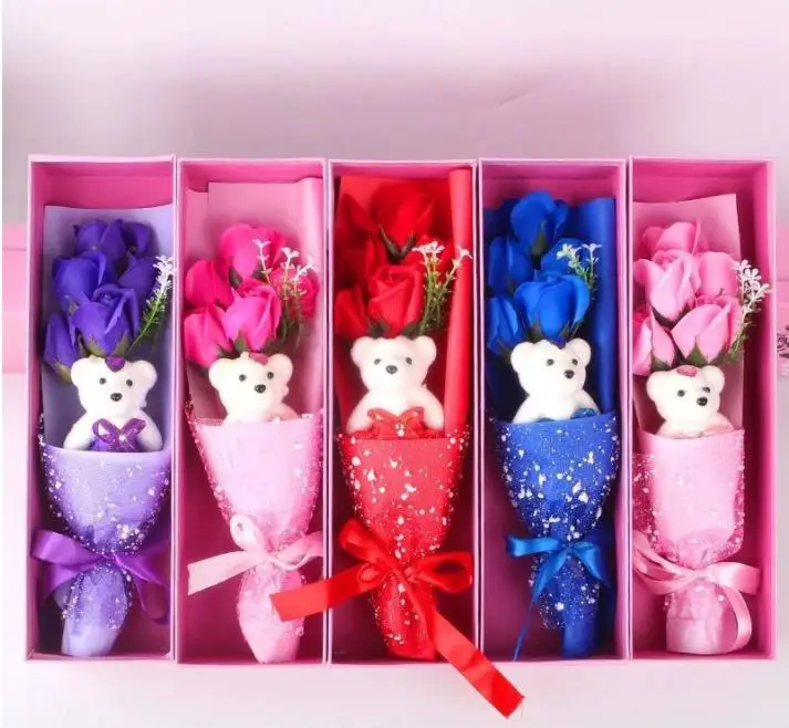

Подарочная коробка в виде розового медведя на День святого Валентина, 5 шт. мыльных роз + 1 шт. мультяшный медведь, цветочный букет, подарки на свадьбу, годовщину, для пар, SN4573