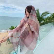 

75*190cm Spring Autumn Fashion Women Beach Plaid Silk Scarf Hair Bands Luxury Scarfs Neck Headscarf Thin Shawl Kerchief Bag Band
