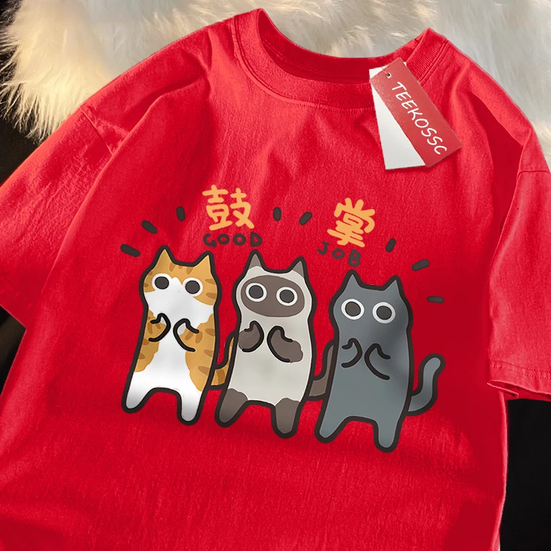 Dance Applauding Cat Print Japanese Style Male Clothes High Quality Oversize T-Shirts Breathable T-Shirt Hip Hop Cotton Tees