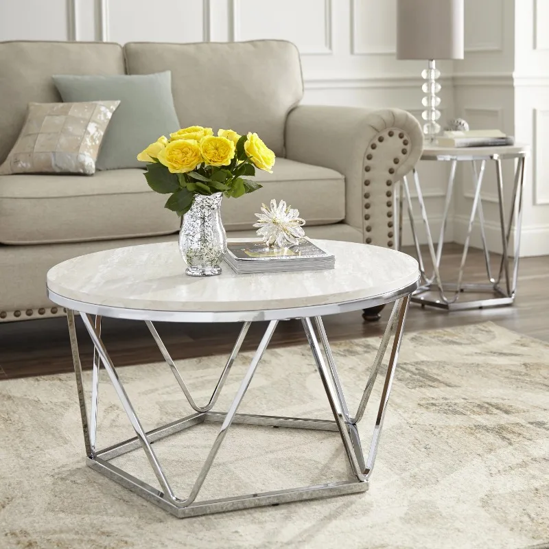 

Modern Faux Stone Round Coffee Table, Chrome