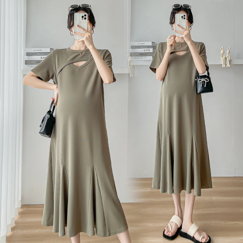 임산부 원피스 반팔 할로우 아웃 O-넥 피쉬테일 원피스, 길고 느슨한 캐주얼 임신 트럼펫, 여름 