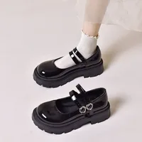 Girls Chunky Platform Mary Jane Shoes Children's Heart Buckle Strap Thick Heels Pumps Woman Black Patent Leather Lolita Shoes 2