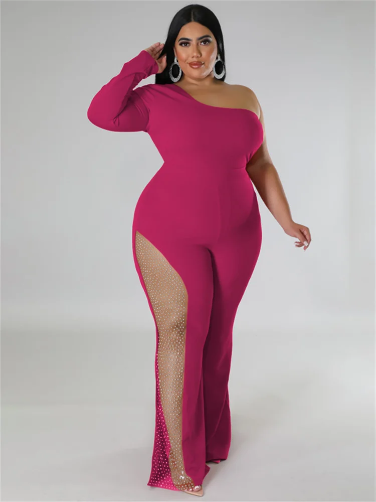 Wmstar Plus Size Women Clothes Jumpsuit Solid Single Sleeve Fashion Sexy Mesh Side Patchwork Romper Wholesale Dropshipping 2022