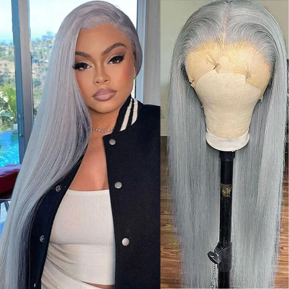 Grey Straight 13x4 HD Transparent Wigs Brazilian Virgin Human Remy Hair Wig For Black Women Pre Plucked Hairline Lace Front Wig