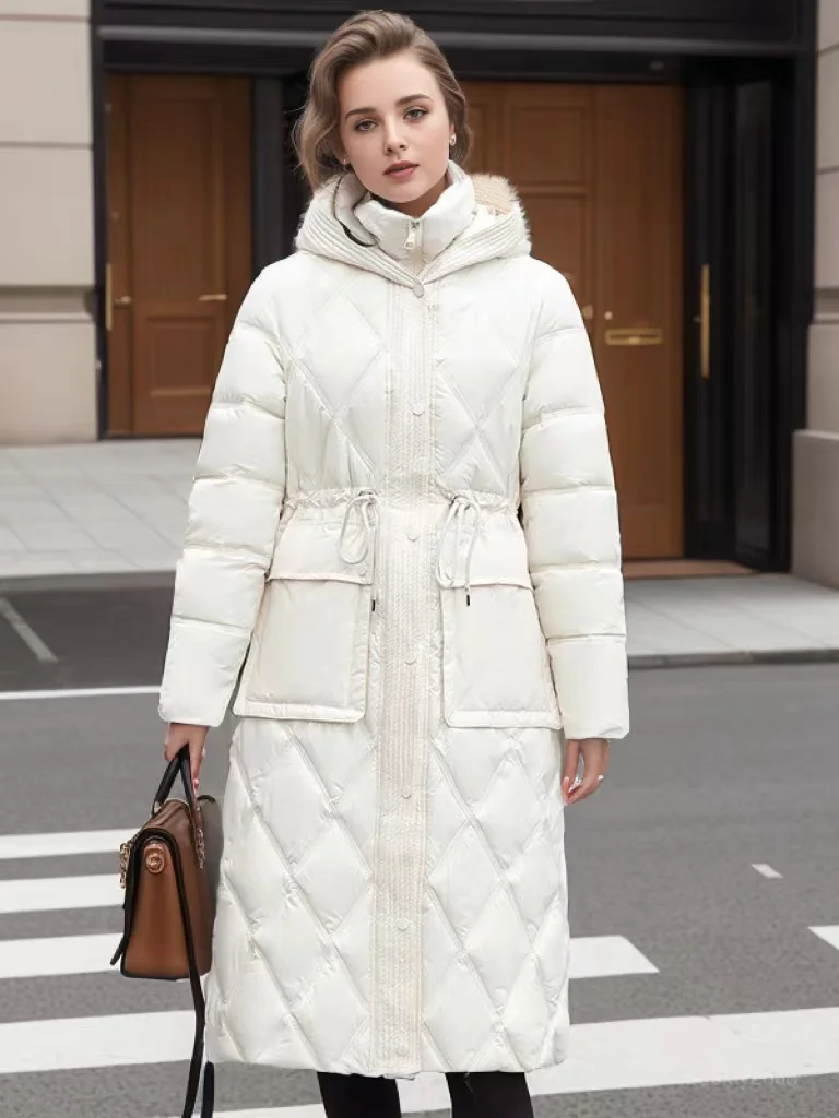 

2023 Mid Length Snow Jacket Hooded Down Cotton Padded Winter Women Parka Slim Waist Drawstring Big Pocket Thick Warm Coat Solid