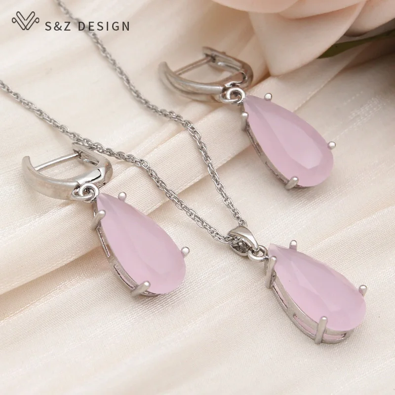 S&Z DESIGN New Stylish Water Drop Cubic Zirconia Dangle Earrings Jewelry Sets For Women Elegant Wedding Pendant Necklace Gift