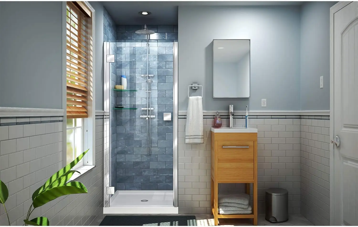 Lumen 34-35 in W by 72 in H Semi-Frameless Hinged Shower Door in Chrome Clear tempered glass shower door 2