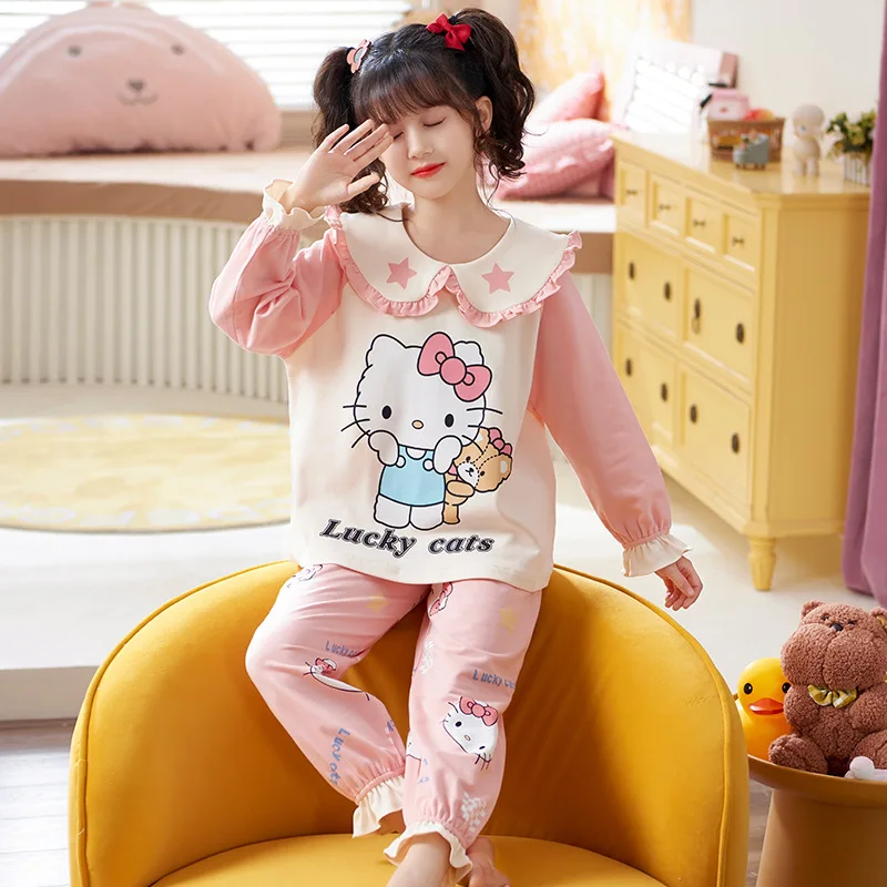 

Sanrios Hello Kittys Children's Pajamas Anime Figure Kawaii Cartoon Girls Long Sleeves Pure Cotton Spring/autumn Tracksuit Suit