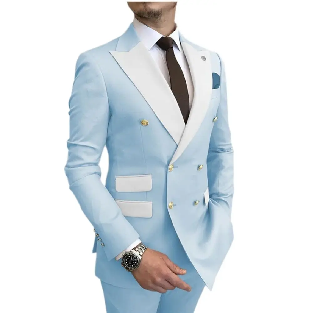 

New Mens Suit Royal Blue Slim Double-breasted White Lapel Fashion Groom Best Man Wedding Party (blazer + Pants) Groom Wear
