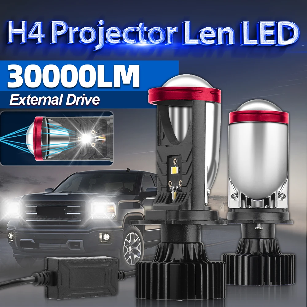 30000LM H4 LED Headlights 300W Projector Lens Front Light 12V External Drive Auto Lamps 6000K White Turbo Car Headlamp Bulbs 24V