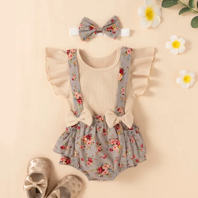 Newborn Baby Girl Clothes Set Summer Flroal Short Sleeve Romper Flower Headband 3pcs Outfit Infant Clothing Toddler Overalls Set 3