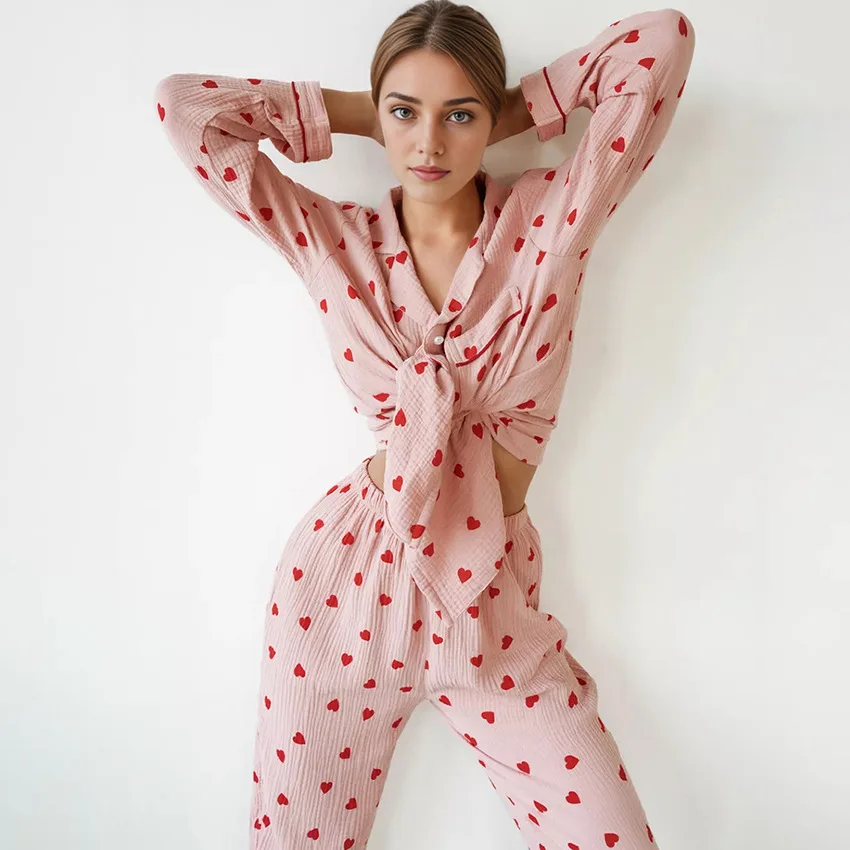 Spring New Sweet Kawaii Women's Pajamas Love Printing Cotton Sleepwear Thin Heart Colorful Homewear Soft Two Piece Set Nightwear