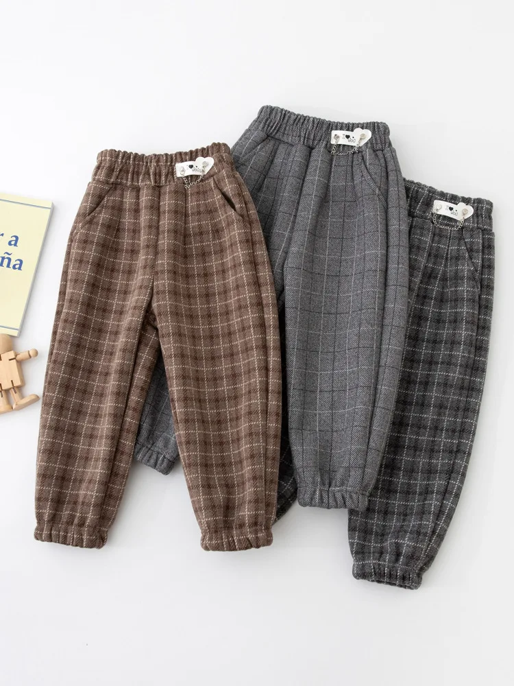 

Boys girls Free Shipping winter New Casual plaid pants Children clothes 3-9year warm students 100-150 velvet fleece thickening