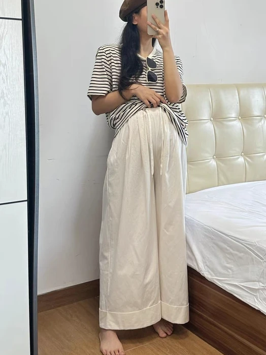 임산부 와이드 레그 팬츠 캐주얼 루즈핏 바지 봄 가을 아우터웨어 드로스트링 커..