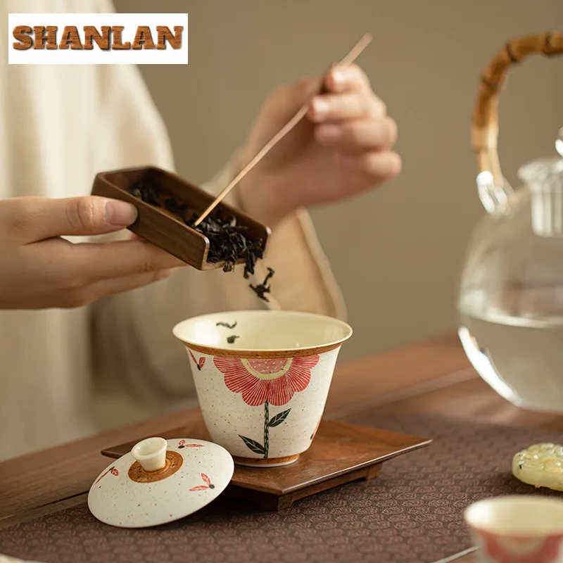 150ml Jingdezhen Powder Yin Cover Bowl Zen Hand-painted Sunflower Gaiwan Ancient Ceramic Tea Tureen Tea Making Tableware Crafts
