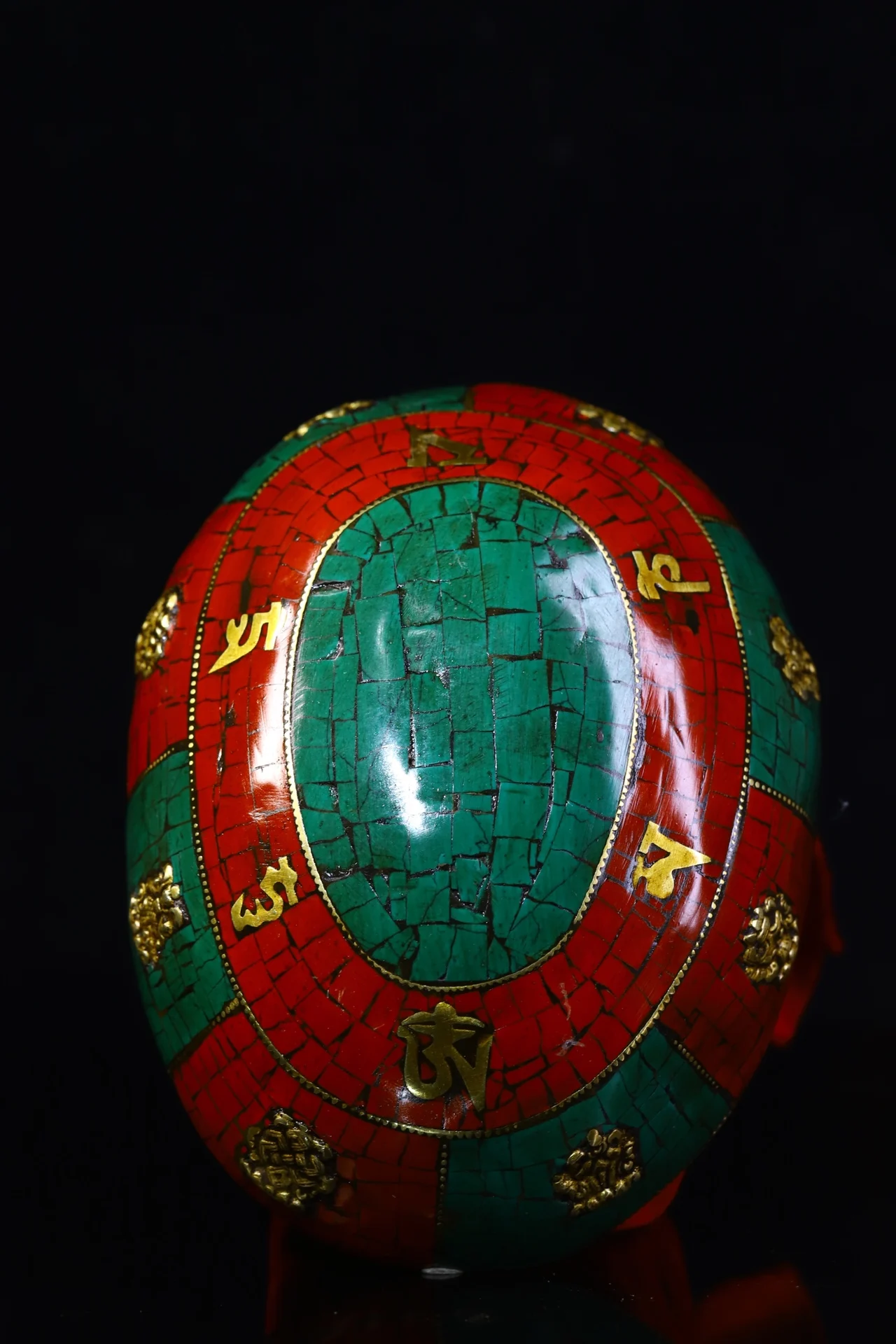 

7"Tibetan Temple Collection Old Tibetan silver mosaic turquoise Six Character Proverbs Gabala Bowl Amulet Dharma Town house