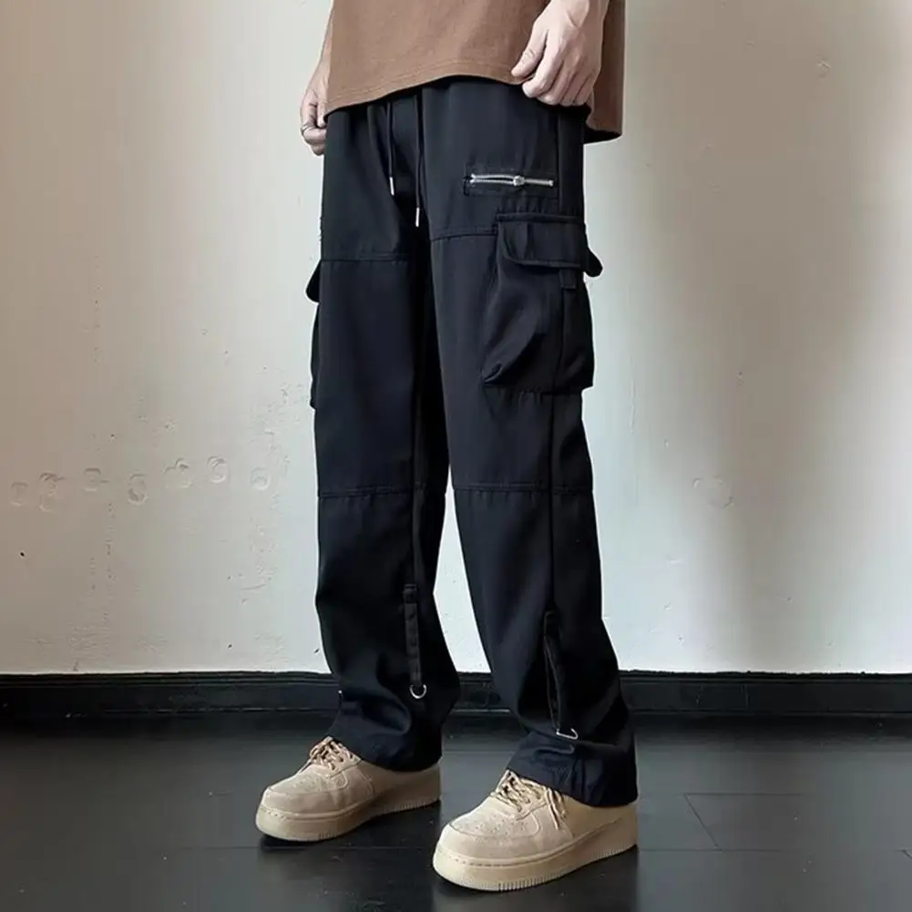 

Reinforced Pocket Seams Trousers Men's Wide Leg Cargo Pants with Drawstring Elastic Waist Multi Pockets Casual Soft for Summer