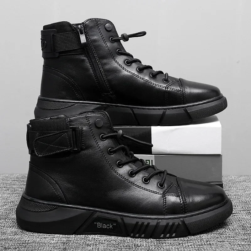 2024 Autumn Winter Fashion Men's Ankle Boots PU Leather High Quality Comfortable Black Leather Platform Casual Shoes 6