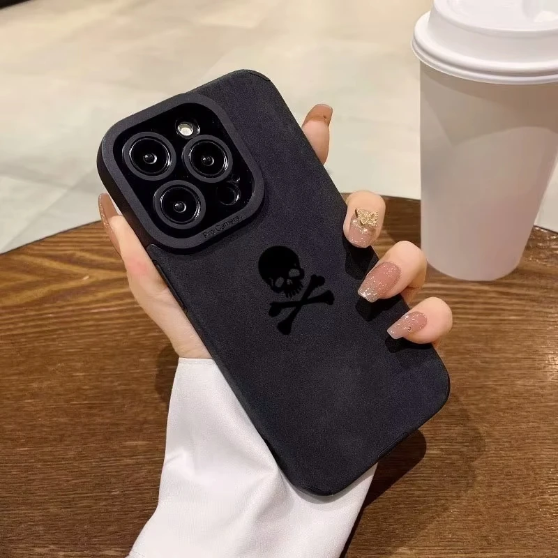 Chic Matte Black Skull Faux Leather Phone Case